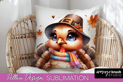 Cute Turkey Pillow Cover - Thanksgiving Pillow Sublimation Sublimation OrangeBrushStudio 