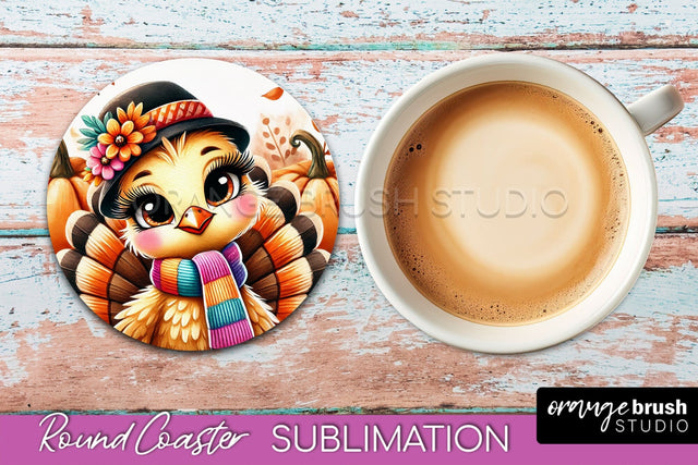 Cute Turkey Round Coaster, Thanksgiving Coaster Sublimation Sublimation OrangeBrushStudio 