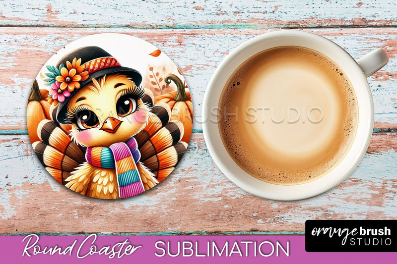 Cute Turkey Round Coaster, Thanksgiving Coaster Sublimation Sublimation OrangeBrushStudio 