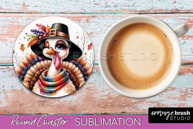 Cute Turkey Round Coaster, Thanksgiving Coaster Sublimation Sublimation OrangeBrushStudio 