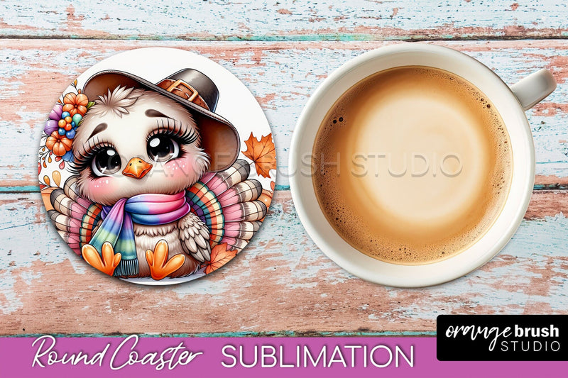 Cute Turkey Round Coaster, Thanksgiving Coaster Sublimation Sublimation OrangeBrushStudio 