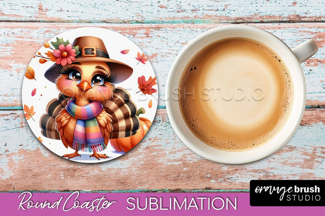 Cute Turkey Round Coaster, Thanksgiving Coaster Sublimation Sublimation OrangeBrushStudio 