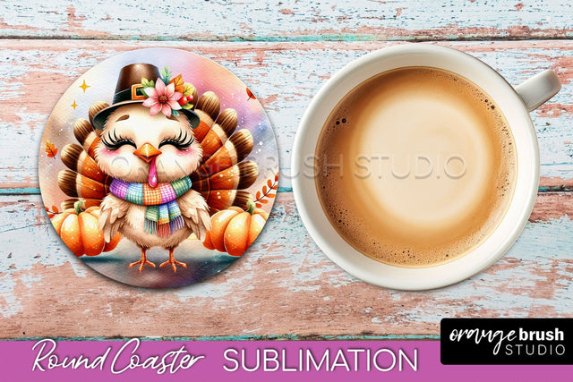Cute Turkey Round Coaster, Thanksgiving Coaster Sublimation Sublimation OrangeBrushStudio 