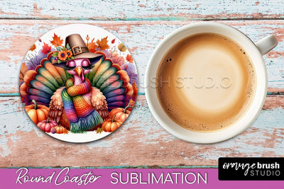 Cute Turkey Round Coaster, Thanksgiving Coaster Sublimation Sublimation OrangeBrushStudio 