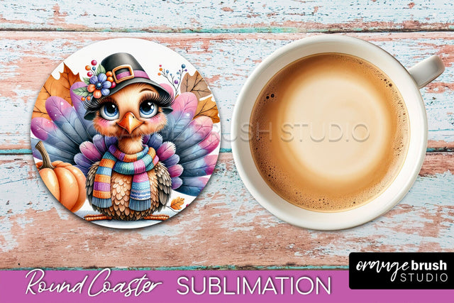 Cute Turkey Round Coaster, Thanksgiving Coaster Sublimation Sublimation OrangeBrushStudio 