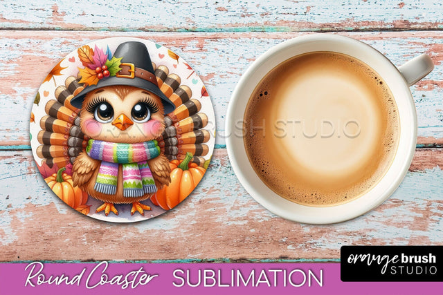 Cute Turkey Round Coaster, Thanksgiving Coaster Sublimation Sublimation OrangeBrushStudio 