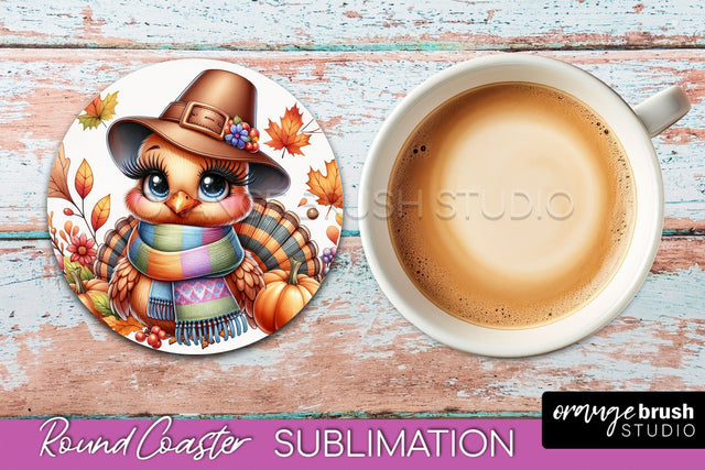 Cute Turkey Round Coaster, Thanksgiving Coaster Sublimation Sublimation OrangeBrushStudio 