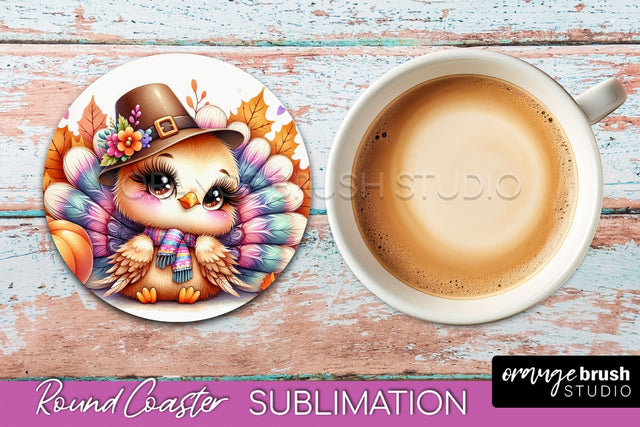 Cute Turkey Round Coaster, Thanksgiving Coaster Sublimation Sublimation OrangeBrushStudio 