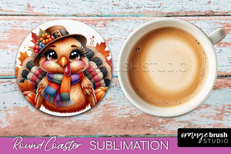 Cute Turkey Round Coaster, Thanksgiving Coaster Sublimation Sublimation OrangeBrushStudio 