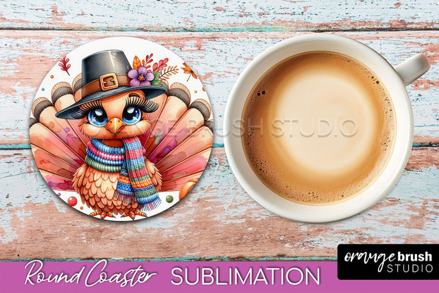Cute Turkey Round Coaster, Thanksgiving Coaster Sublimation Sublimation OrangeBrushStudio 