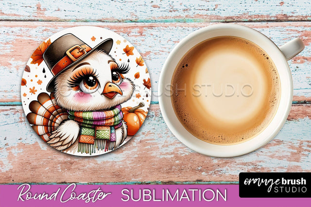 Cute Turkey Round Coaster, Thanksgiving Coaster Sublimation Sublimation OrangeBrushStudio 