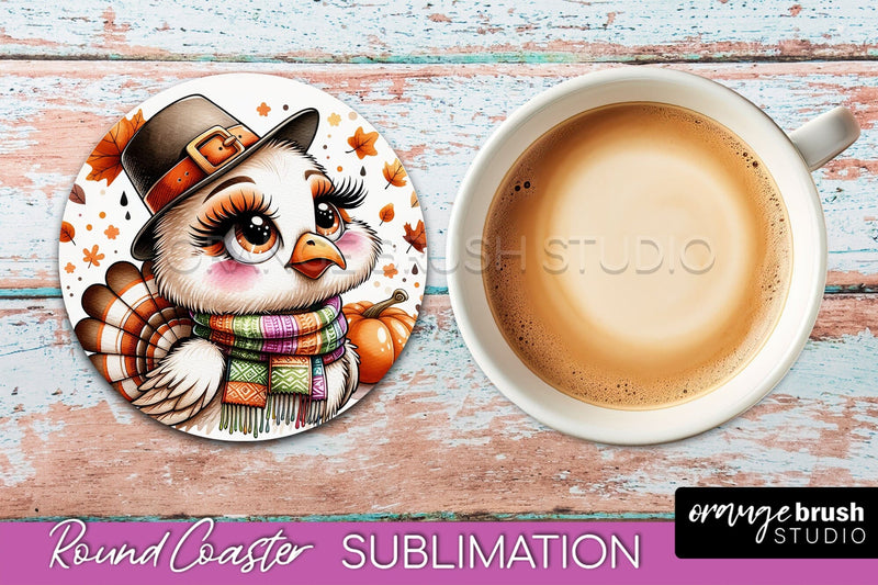 Cute Turkey Round Coaster, Thanksgiving Coaster Sublimation Sublimation OrangeBrushStudio 