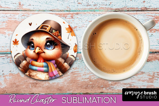 Cute Turkey Round Coaster, Thanksgiving Coaster Sublimation Sublimation OrangeBrushStudio 