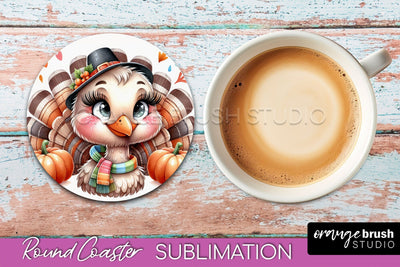 Cute Turkey Round Coaster, Thanksgiving Coaster Sublimation Sublimation OrangeBrushStudio 