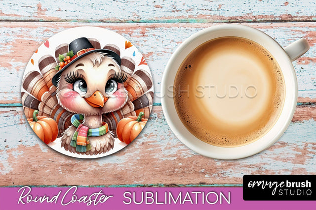 Cute Turkey Round Coaster, Thanksgiving Coaster Sublimation Sublimation OrangeBrushStudio 