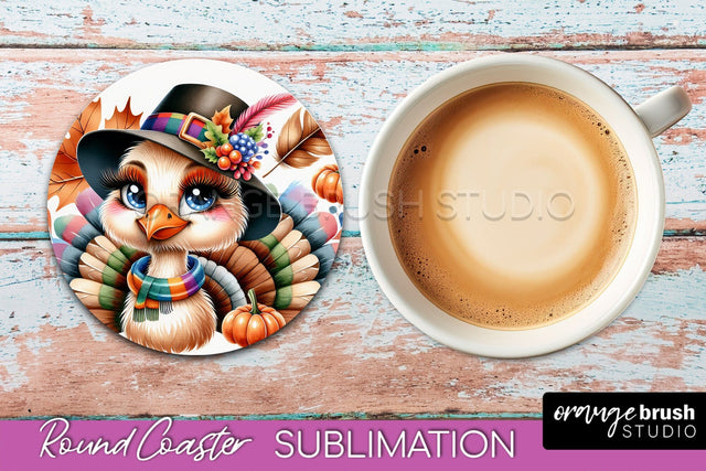 Cute Turkey Round Coaster, Thanksgiving Coaster Sublimation Sublimation OrangeBrushStudio 