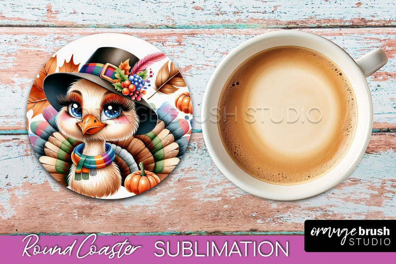 Cute Turkey Round Coaster, Thanksgiving Coaster Sublimation Sublimation OrangeBrushStudio 