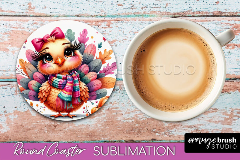Cute Turkey Round Coaster, Thanksgiving Coaster Sublimation Sublimation OrangeBrushStudio 
