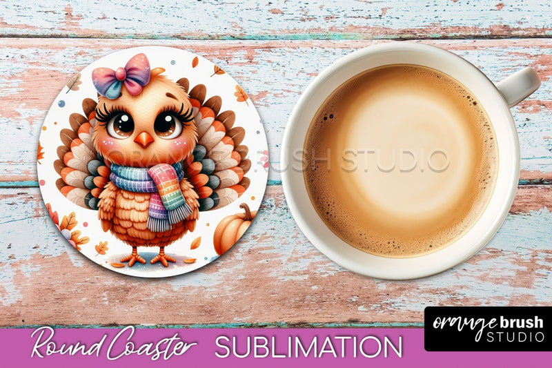 Cute Turkey Round Coaster, Thanksgiving Coaster Sublimation Sublimation OrangeBrushStudio 