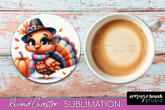 Cute Turkey Round Coaster, Thanksgiving Coaster Sublimation Sublimation OrangeBrushStudio 