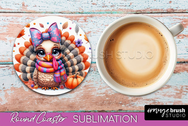Cute Turkey Round Coaster, Thanksgiving Coaster Sublimation Sublimation OrangeBrushStudio 