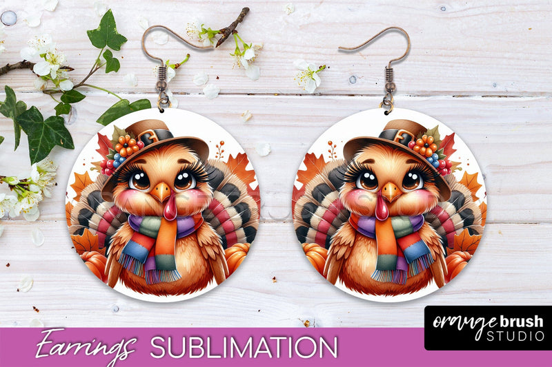 Cute Turkey Round Earrings, Thanksgiving Earring Sublimation Sublimation OrangeBrushStudio 