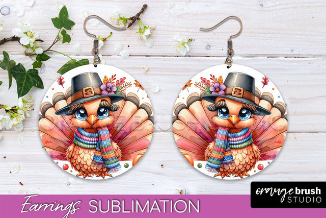 Cute Turkey Round Earrings, Thanksgiving Earring Sublimation Sublimation OrangeBrushStudio 