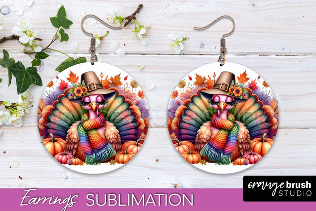 Cute Turkey Round Earrings, Thanksgiving Earring Sublimation Sublimation OrangeBrushStudio 