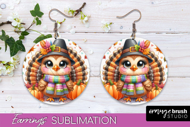 Cute Turkey Round Earrings, Thanksgiving Earring Sublimation Sublimation OrangeBrushStudio 
