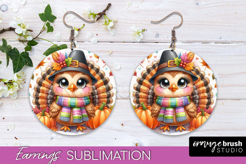 Cute Turkey Round Earrings, Thanksgiving Earring Sublimation Sublimation OrangeBrushStudio 