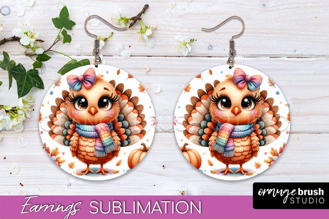 Cute Turkey Round Earrings, Thanksgiving Earring Sublimation Sublimation OrangeBrushStudio 
