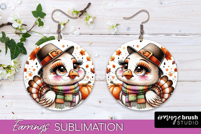 Cute Turkey Round Earrings, Thanksgiving Earring Sublimation Sublimation OrangeBrushStudio 