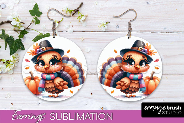 Cute Turkey Round Earrings, Thanksgiving Earring Sublimation Sublimation OrangeBrushStudio 