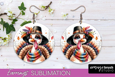Cute Turkey Round Earrings, Thanksgiving Earring Sublimation Sublimation OrangeBrushStudio 