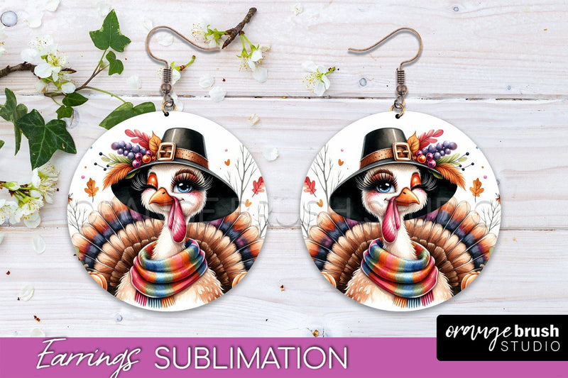 Cute Turkey Round Earrings, Thanksgiving Earring Sublimation Sublimation OrangeBrushStudio 