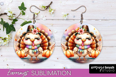 Cute Turkey Round Earrings, Thanksgiving Earring Sublimation Sublimation OrangeBrushStudio 