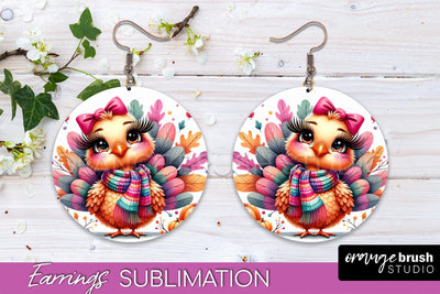 Cute Turkey Round Earrings, Thanksgiving Earring Sublimation Sublimation OrangeBrushStudio 