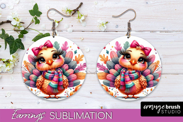 Cute Turkey Round Earrings, Thanksgiving Earring Sublimation Sublimation OrangeBrushStudio 