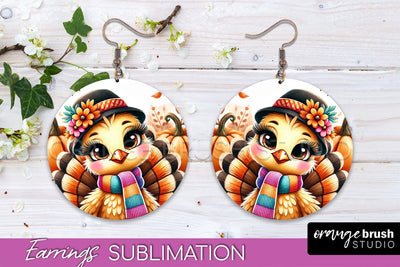 Cute Turkey Round Earrings, Thanksgiving Earring Sublimation Sublimation OrangeBrushStudio 