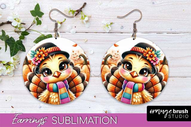 Cute Turkey Round Earrings, Thanksgiving Earring Sublimation Sublimation OrangeBrushStudio 
