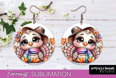 Cute Turkey Round Earrings, Thanksgiving Earring Sublimation Sublimation OrangeBrushStudio 
