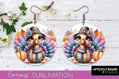 Cute Turkey Round Earrings, Thanksgiving Earring Sublimation Sublimation OrangeBrushStudio 