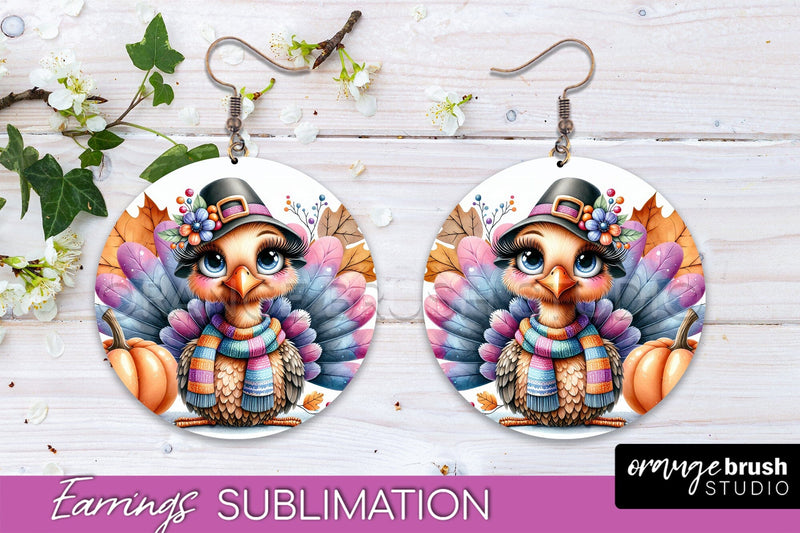 Cute Turkey Round Earrings, Thanksgiving Earring Sublimation Sublimation OrangeBrushStudio 