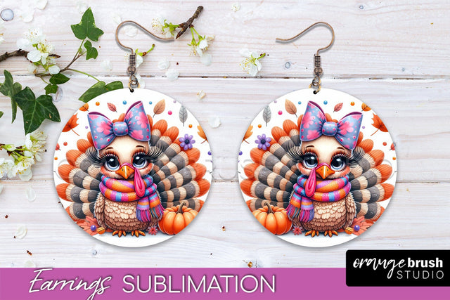 Cute Turkey Round Earrings, Thanksgiving Earring Sublimation Sublimation OrangeBrushStudio 