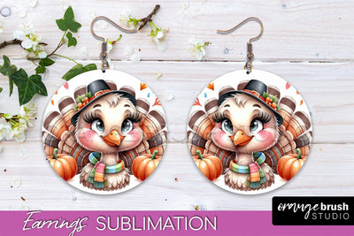 Cute Turkey Round Earrings, Thanksgiving Earring Sublimation Sublimation OrangeBrushStudio 