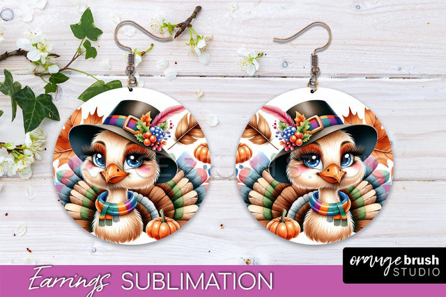 Cute Turkey Round Earrings, Thanksgiving Earring Sublimation Sublimation OrangeBrushStudio 