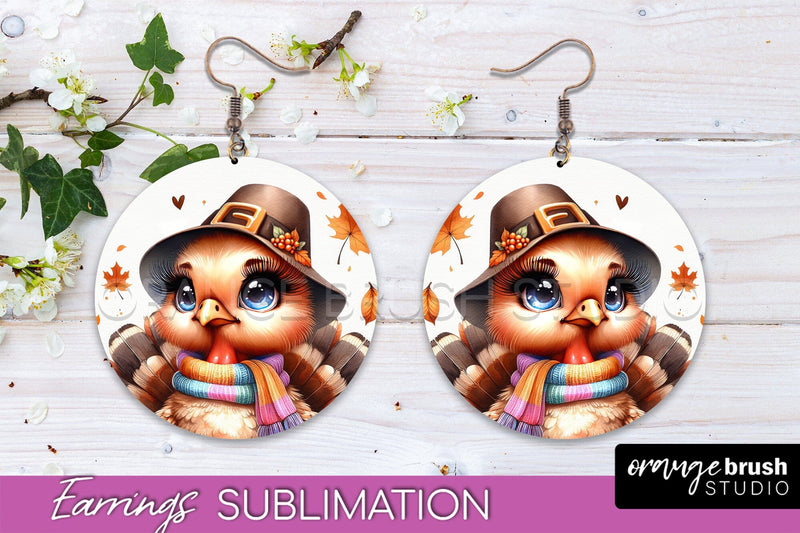 Cute Turkey Round Earrings, Thanksgiving Earring Sublimation Sublimation OrangeBrushStudio 
