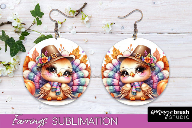 Cute Turkey Round Earrings, Thanksgiving Earring Sublimation Sublimation OrangeBrushStudio 