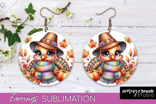 Cute Turkey Round Earrings, Thanksgiving Earring Sublimation Sublimation OrangeBrushStudio 
