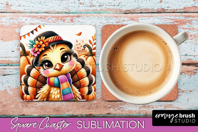 Cute Turkey Square Coaster, Thanksgiving Coaster Sublimation Sublimation OrangeBrushStudio 